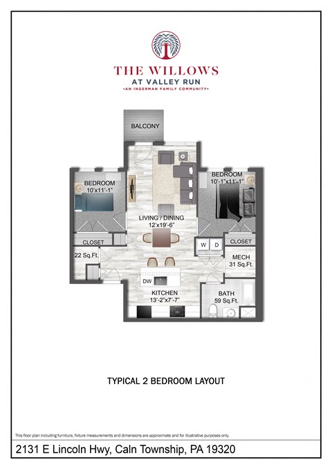 Floor plan for 2 beds, 1 bath, 893 sqft
